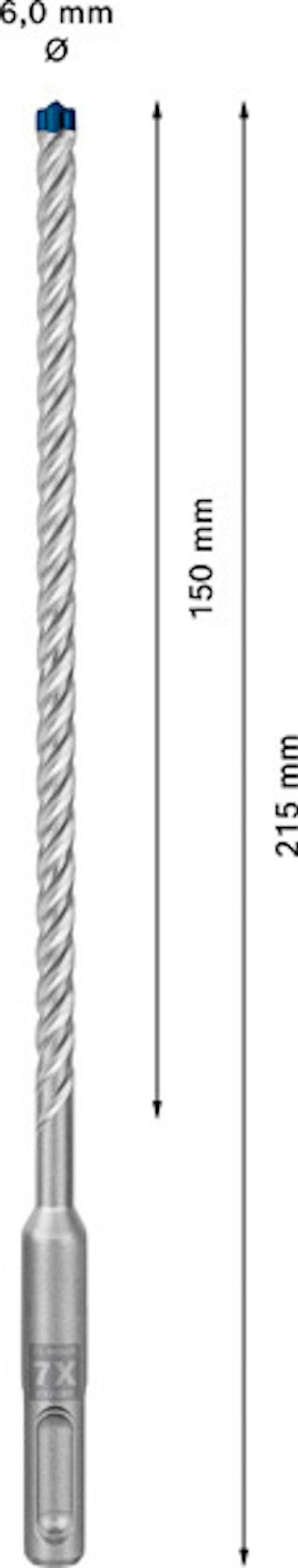 Borr med spiralformad axel och SDS-fäste. Diameter 6,0 mm, längd 215 mm, arbetslängd 150 mm.