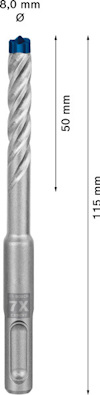 Borr med 8,0 mm diameter och 115 mm längd, 50 mm arbetsdel; blå topp och spiralformad design.
