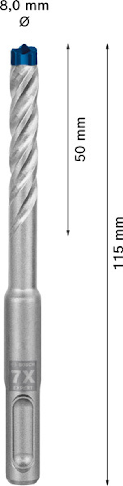 Borr med 8,0 mm diameter och 115 mm längd, 50 mm arbetsdel; blå topp och spiralformad design.