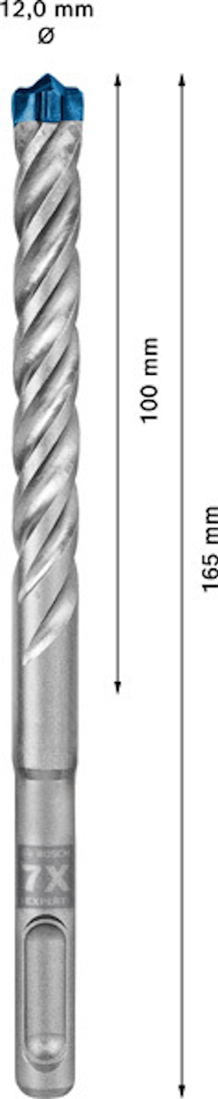 Borr med spiraldesign, 12 mm diameter och 165 mm längd, blå spets.