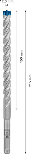 Borr med spiraldesign, blå topp och måtten 12,0 mm diameter, 150 mm och 215 mm längd.