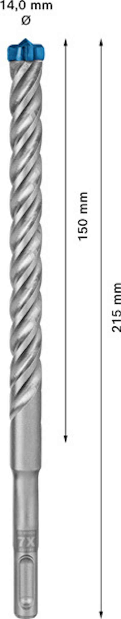 Borr med spiralmönster, längd 215 mm, arbetande längd 150 mm, diameter 14,0 mm.