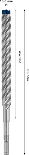 Borr med längdmarkeringar, 265 mm total och 200 mm användbar längd, 18 mm diameter.