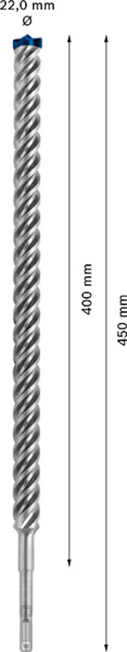 Borrspets med spiraldesign, diameter 22,0 mm, längd 450 mm, effektiv längd 400 mm.