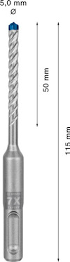 Borr med blå spets, mått ovan 5,0 mm och totallängd 115 mm, skärlängd 50 mm markerade till höger.