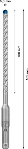 Borr med spiraldesign, längdmarkeringar: 100 mm och 165 mm, diameter anges som 6,0 mm.