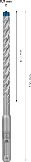 Borr med spiralformade skär, 8,0 mm diameter, 165 mm total längd enligt markeringar.