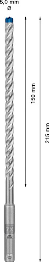 Borr av stål med spiralformat huvud, märkning för 8,0 mm diameter, 150 mm borrlängd och 215 mm total längd.