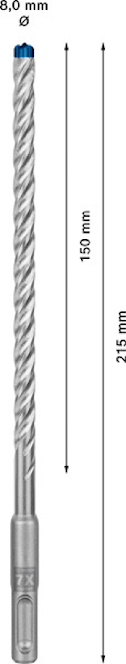 Borr av stål med spiralformat huvud, märkning för 8,0 mm diameter, 150 mm borrlängd och 215 mm total längd.