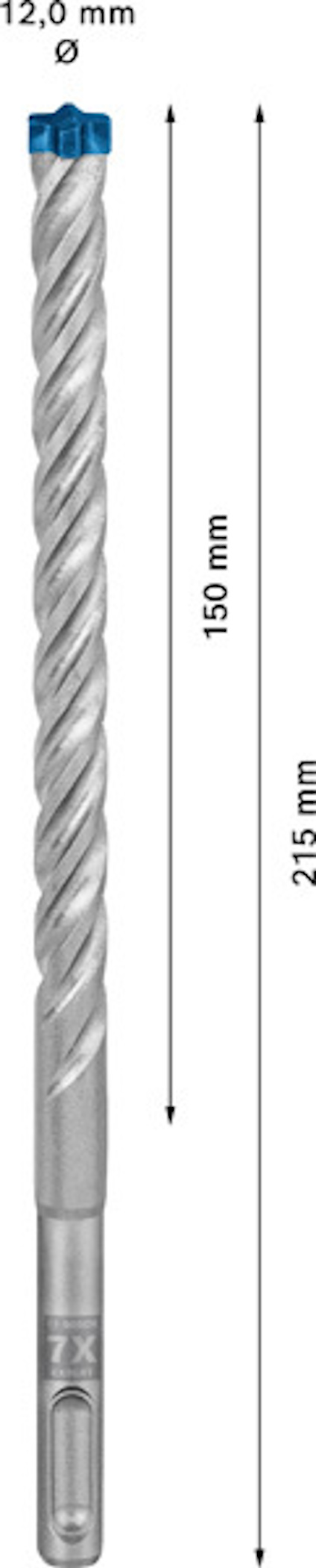 Bor med blå spets, märkt "12,0 mm" och "150 mm". Total längd 215 mm.