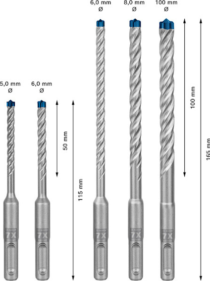Fyra borr med olika längder och diametrar, från 5,0 mm till 8,0 mm och 50 mm till 165 mm.