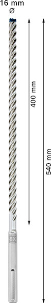 Borra med spiralformigt mönster, 16 mm diameter, 540 mm längd, märke med "16 mm ∅" och mätlinjer för 400 mm och 540 mm.