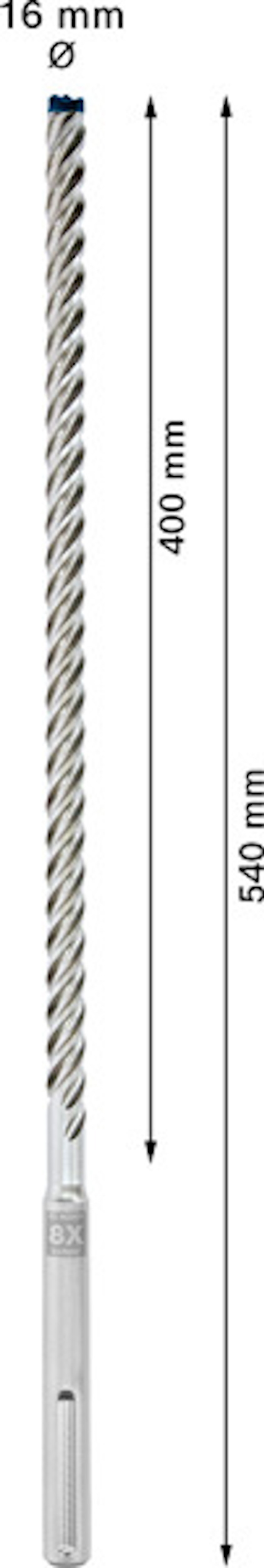 Borra med spiralformigt mönster, 16 mm diameter, 540 mm längd, märke med "16 mm ∅" och mätlinjer för 400 mm och 540 mm.