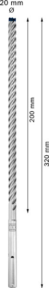 Borr med spiraldesign, 20 mm diameter, 320 mm total längd, 200 mm skärlängd.