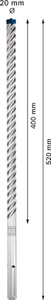 Borr med en längd på 520 mm och en diameter på 20 mm, spiraldesign, text på skaftet.