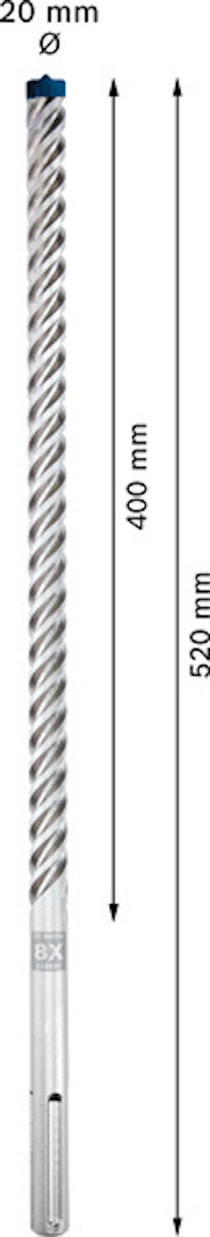 Borr med en längd på 520 mm och en diameter på 20 mm, spiraldesign, text på skaftet.