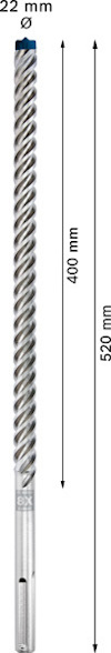 Borr med spiralspår, längd 520 mm, diameter 22 mm, skaftlängd 400 mm.