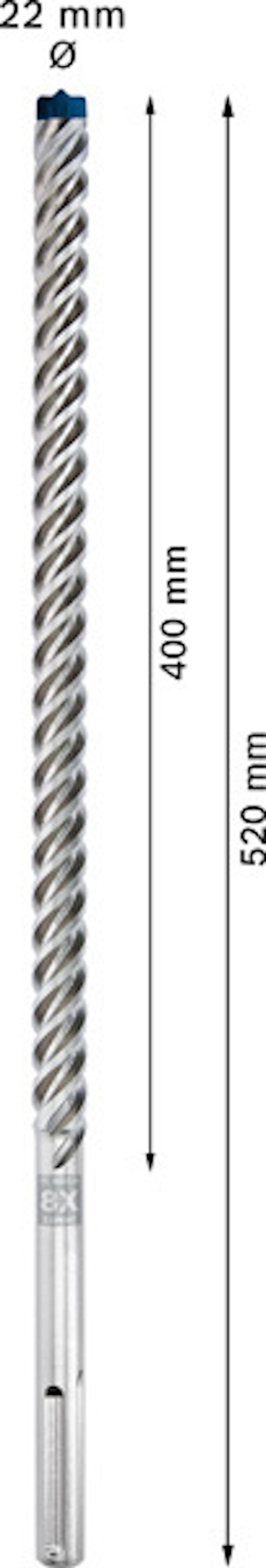 Borr med spiralspår, längd 520 mm, diameter 22 mm, skaftlängd 400 mm.