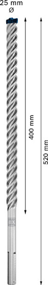 Borr med spiralformad design, 520 mm lång, 25 mm i diameter. Markeringar för längd 400 mm och total längd 520 mm.