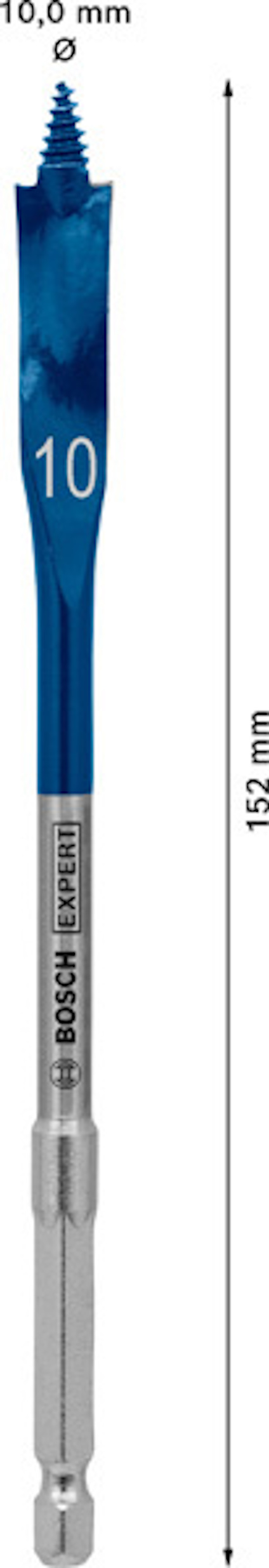 Blått borr med spetsig spets, märkning "10" och "BOSCH EXPERT", längd 152 mm, bredd 10 mm.