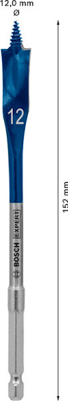 Blå borrspets med text "Bosch Expert" och siffran "12", längdmarkerad till 152 mm.