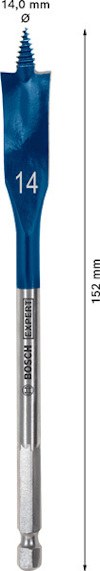 Blå speedbor med texten "BOSCH EXPERT" och siffran "14", längd 152 mm, bredd 14,0 mm.