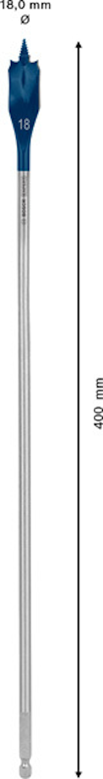 Blå och silver borr på 400 mm längd med text "18,0 mm" nära spetsen.