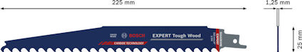Blått sågklinga med text "BOSCH Expert Tough Wood", mått 225 mm x 25 mm.