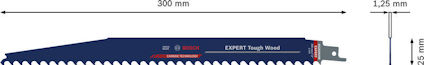 Sabelsågblad med text "EXPERT Tough Wood". Längd: 300 mm, höjd: 25 mm, tjocklek: 1,25 mm.