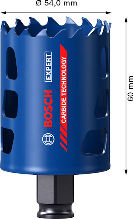 Borrhålsåg med tandad kant, blå färg, text "BOSCH EXPERT" och "CARBIDE TECHNOLOGY", diameter 54 mm, höjd 60 mm.