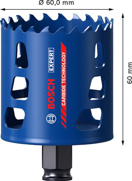 Borrkrona i blått med inskriptioner "Bosch Expert" och "Carbide Technology", omgiven av mått 60 mm.