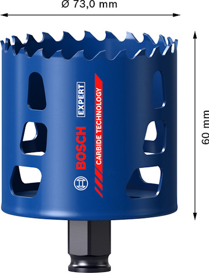 Blå hålsåg från Bosch, märktext "CARBIDE TECHNOLOGY", diameter 73 mm, höjd 60 mm.