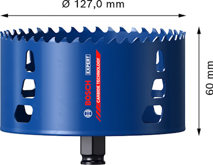Blå hålsåg med texten "BOSCH EXPERT CARBIDE TECHNOLOGY", diameter 127 mm, höjd 60 mm.