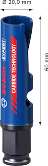 Blå hålsåg med texten "BOSCH EXPERT CARBIDE TECHNOLOGY" och dimensionerna Ø 20,0 mm och 60 mm.