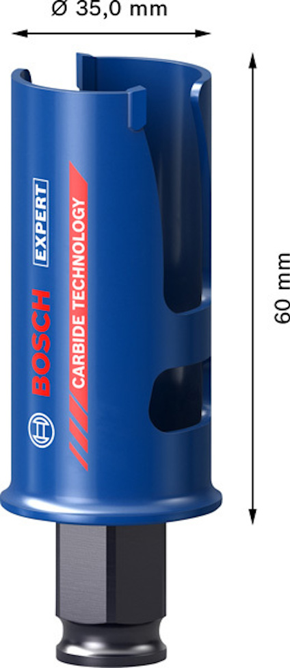 Blått Bosch Expert karbidteknologiskt hålsåg, diameter 35 mm, längd 60 mm, märkning i rött och vitt.
