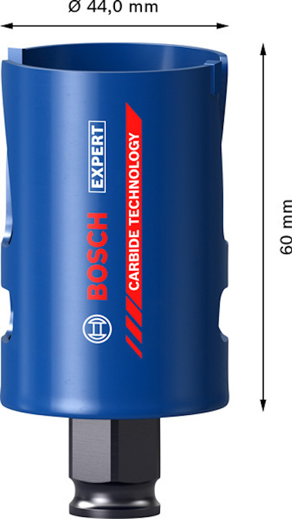 Blå hålsåg från Bosch med texten "Expert Carbide Technology", diameter 44,0 mm, längd 60 mm.