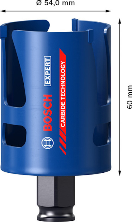 Blå hålsåg med Bosch-logotyp och text "Carbide Technology", diameter 54 mm, höjd 60 mm.