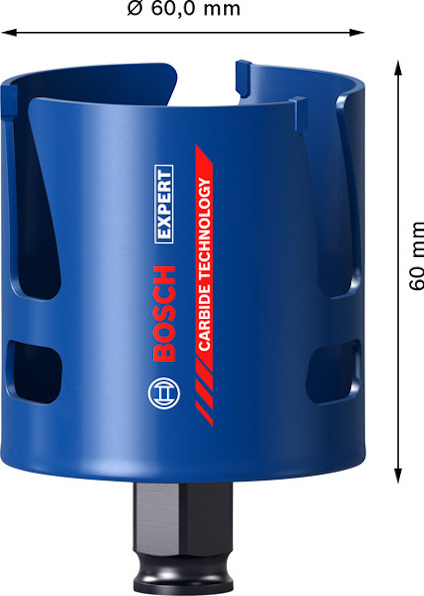 Blå hålsåg med Bosch-logotyp och text: "Ø 60,0 mm", "EXPERT", "CARBIDE TECHNOLOGY", höjd: 60 mm.