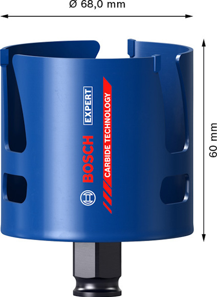 Blå hålsåg från Bosch, 60 mm i höjd, 68 mm i diameter, med texten "EXPERT CARBIDE TECHNOLOGY".