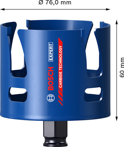 Blå Bosch Expert hålsåg med text "Carbide Technology", mått Ø 76,0 mm och 60 mm höjd.