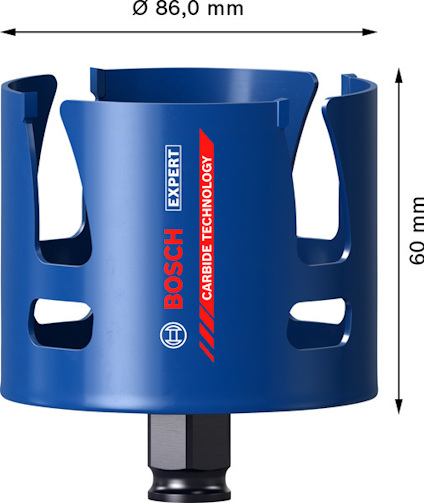 Blått borrcylinder från Bosch, 86 mm i diameter, 60 mm hög, med text "EXPERT CARBIDE TECHNOLOGY".