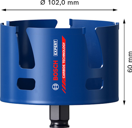 Blått borrhålsåg från Bosch, diameter 102 mm, höjd 60 mm, med "CARBIDE TECHNOLOGY" text.