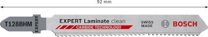 Sticksågblad, 92 mm, text "T128BHM", "EXPERT Laminate clean", "Carbide Technology", "SWISS MADE", "BOSCH".