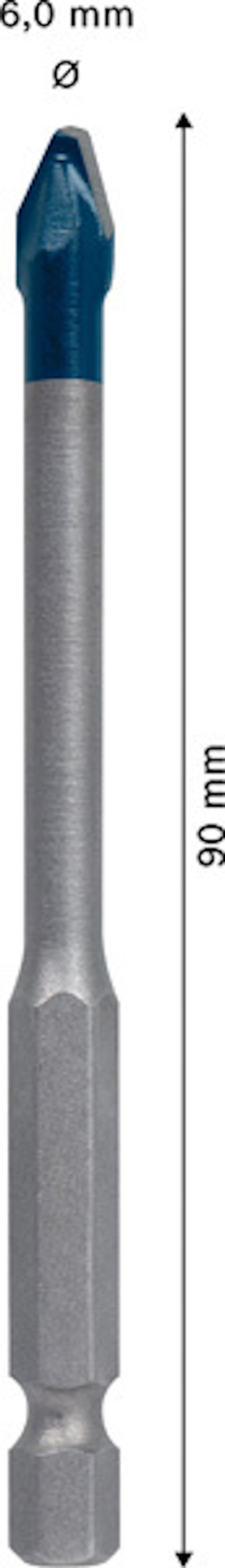 Borrbits 6,0 mm diameter, längd 90 mm, silverfärgad, med blå spets.
