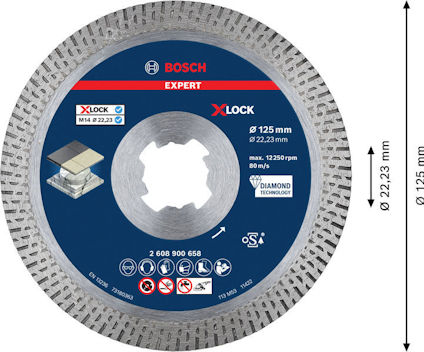 Diamantskiva Bosch Expert X-Lock, Ø 125 mm, max 12,250 rpm, blå och silver med text och symboler.