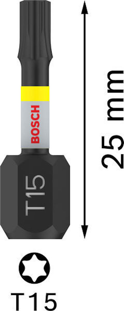 Bits för skruvdragare, T15, längd 25 mm, Bosch-märkt, pil uppåt, torxformad spets.