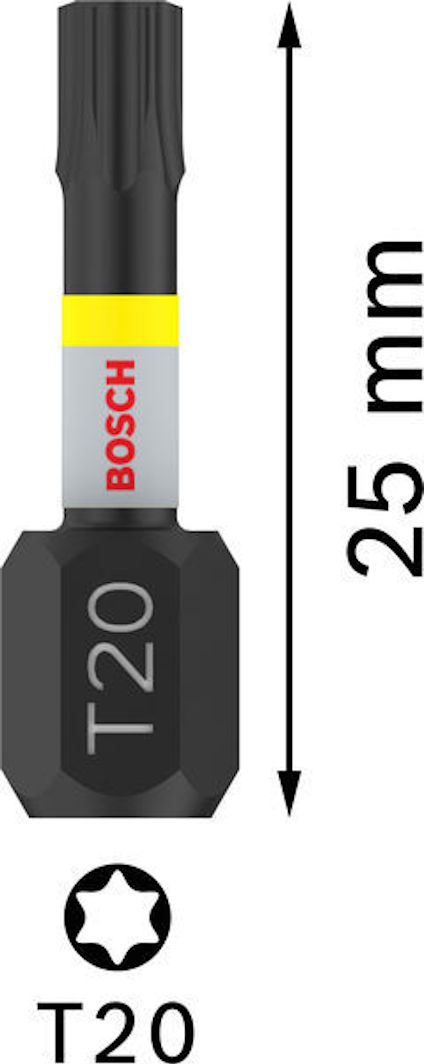Bit med texten "T20", längdmarkering 25 mm, och varumärket Bosch.