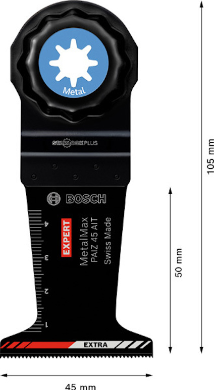 Multiverktygsblad Bosch Expert MetalMax PAIZ 45 AT, längd 105 mm, bredd 45 mm.