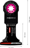 Stjärnformat sågblad med text: "Bosch", "Multi Material", "Swiss Made", längdmått 104 mm och breddmått 52 mm.