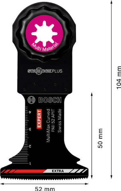 Stjärnformat sågblad med text: "Bosch", "Multi Material", "Swiss Made", längdmått 104 mm och breddmått 52 mm.